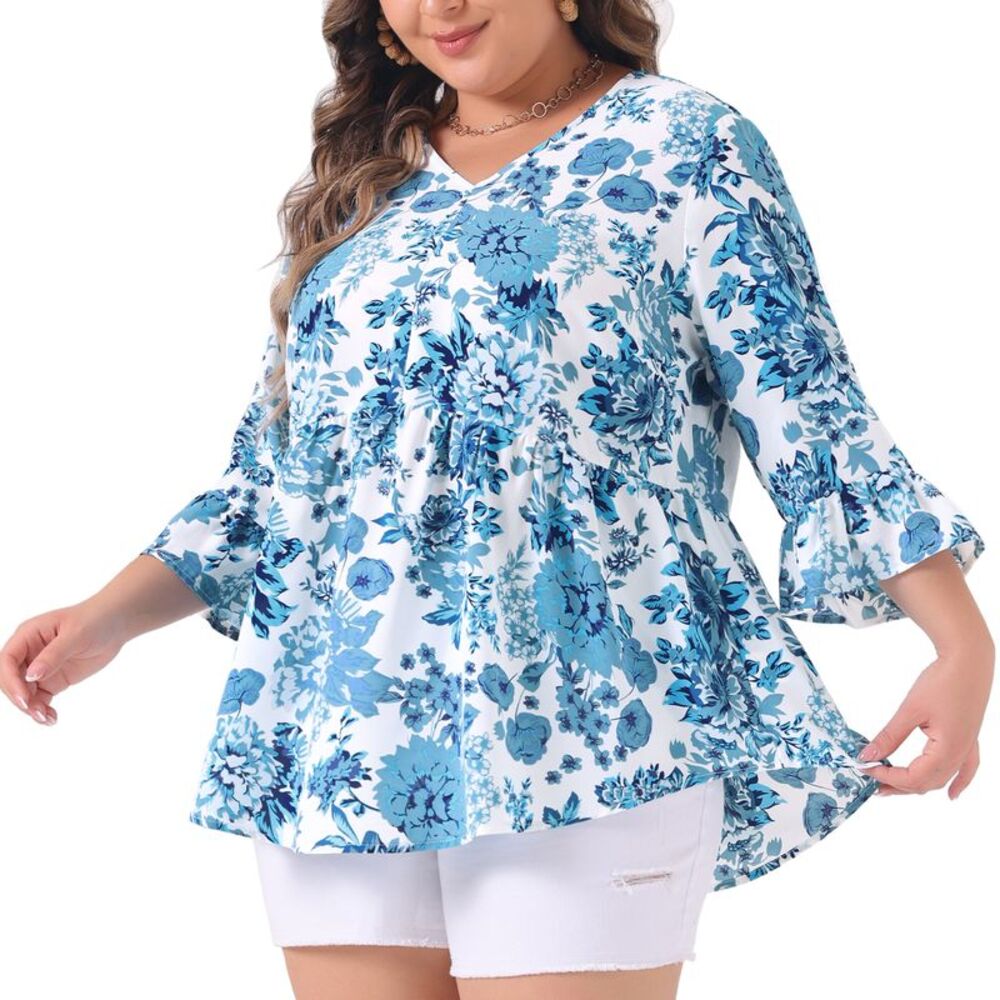 Plus Size Floral Blouses V Neck Ruffle Sleeve Babydoll Peplum Tops Blue